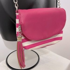 Jessica Simpson Hot Pink and White Striped Small Crossbody Bag With Tassels